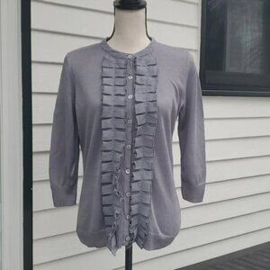 Sweaterworks Ruffle Front 3/4 Sleeve Cardigan Sweater | 3/4 Sleeve Gray Cardigan
